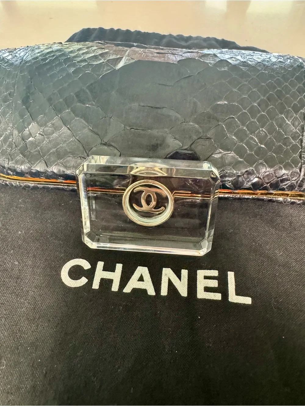 CHANEL Black Python Clutch with Lucite Turn Lock
